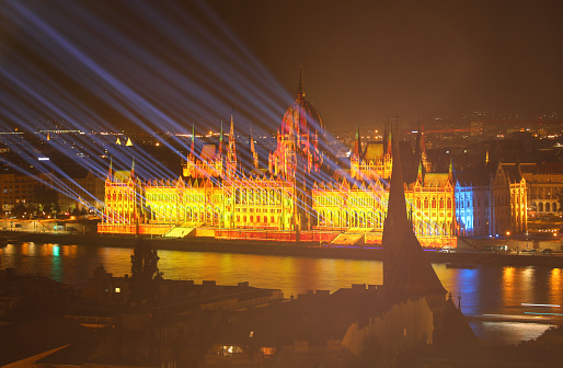 Budapest, B, Hungary - August 20, 2023: Show Light on Hungarian Parliament building at during National Celebration