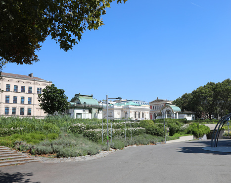 Vienna, WIEN, Austria - August 22, 2023: karlsplatz and public park without people