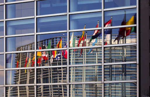 Strasbourg, FRA, France - August 16, 2022: Many flags near European Parliament