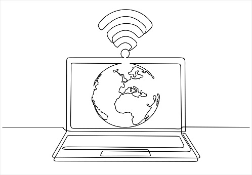 World with connected computer. One continuous line laptop with worldwide internet, globe access computer and globe connection concept. Global networking service.
