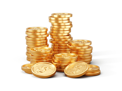 Stack of golden coins isolated on white background. Gold coins, earnings, business concept. 3d rendering