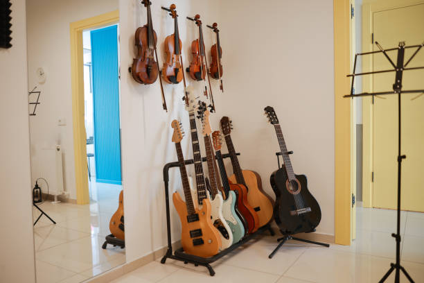istock Musical instruments on display at a music store 1800249678