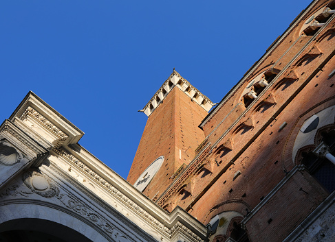 Lamberti Tower  Verona Italy / Medieval tower of Lamberti (XI century - 84 m.) and Ragione palace in Verona (UNESCO world heritage site) - Veneto, Italy