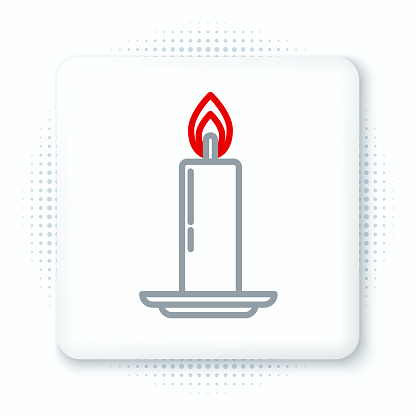 Line Burning candle in candlestick icon isolated on white background. Old fashioned lit candle. Cylindrical candle stick with burning flame. Colorful outline concept. Vector