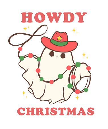 Cute and Kawaii Christmas Cowboy Ghost. Festive Holiday Cartoon Hand Drawing with Adorable Pose