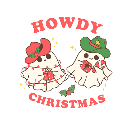 Cute and Kawaii Christmas Cowboy Ghosts. Festive Holiday Cartoon Hand Drawing with Adorable Pose