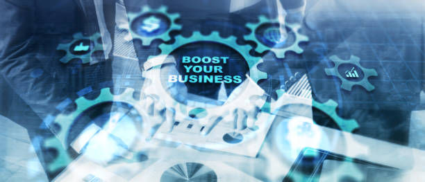 istock Boost your business on Virtual screen Gears. Business Technology Internet and network concept 1800292599