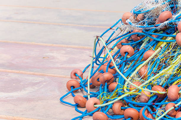 rete di pesca dettagli sulla barca. - commercial fishing net netting fishing striped foto e immagini stock