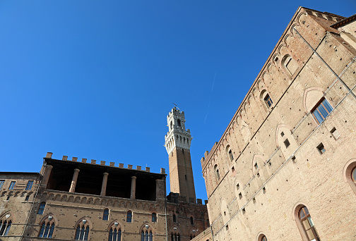 Siena, SI, Italy - February 20, 2023: High Tower called Torre del Mangia  and ancient palaces in Tuscany