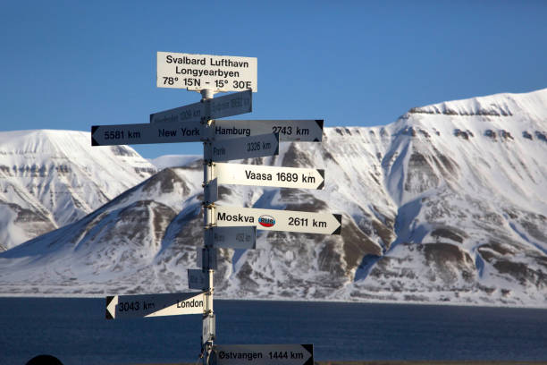 Signs show the direction and distance to various cities around the world at Svalbard Airport Longyearbyen, Svalbard, Norway.