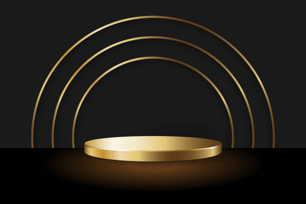 istock Gold round stage, podium display stand on black floor with gold circle lines wall background mockup template. Ready to use for your design or business. Vector illustration. 1800336802