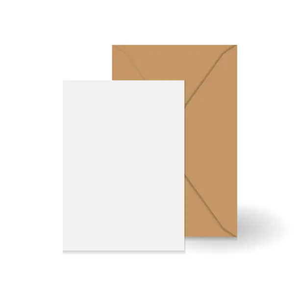 Vector illustration of White standing greeting card and brown kraft paper envelope mockup template. Isolated on white background with shadow. Ready to use for your design or business. Vector illustration.