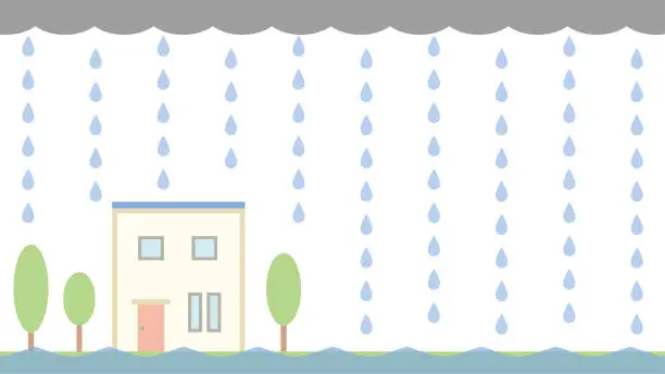 Vector illustration of Illustration of a two-story square house submerged in water under rain clouds and rain