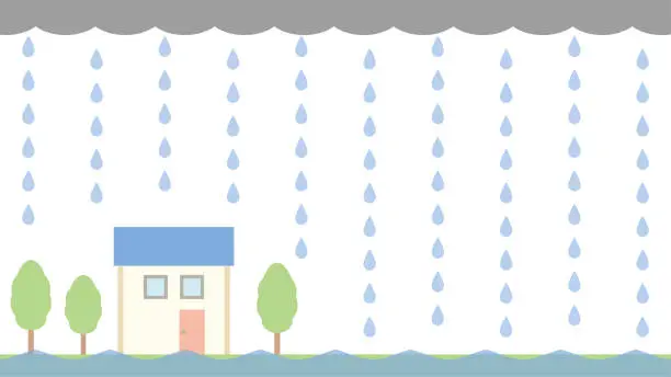 Vector illustration of Illustration of a small square house submerged under rain clouds and rain