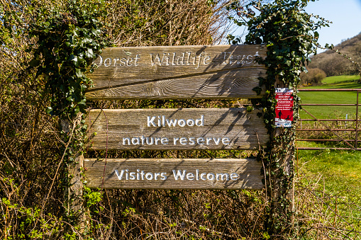 WAREHAM, ENGLAND – APR 2 2021: Sign for the Kilwood nature reserve, near Wareham, Dorset, England, UK, landscape