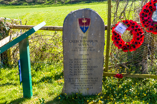 WAREHAM, ENGLAND – APR 2 2021: Memorial to the Creech Barrow Seven, East Creech, Dorset, landscape