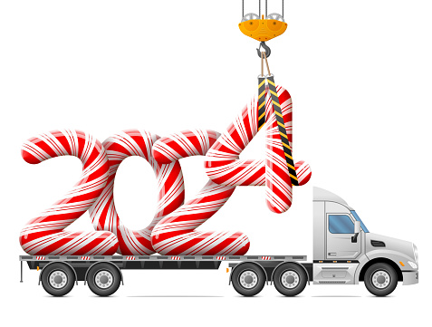 Big striped holiday candies year number in back of truck. Vector image for new years day, christmas, confection, new years eve, transportation, winter holiday, trucking, silvester, etc