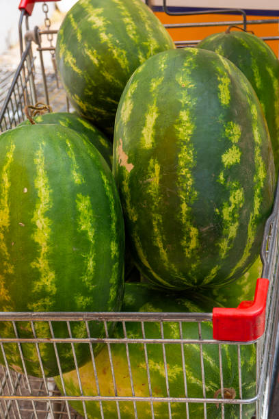 a shopping cart full of melons stock photo