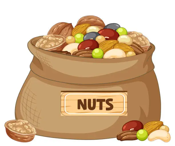 Vector illustration of Nuts in Burlap Sack with Wooden Sign Banner