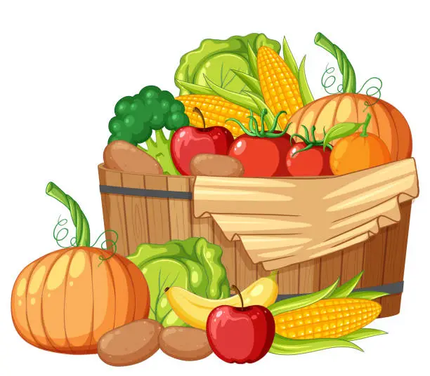 Vector illustration of Organic Fruits and Vegetables in Wooden Barrel