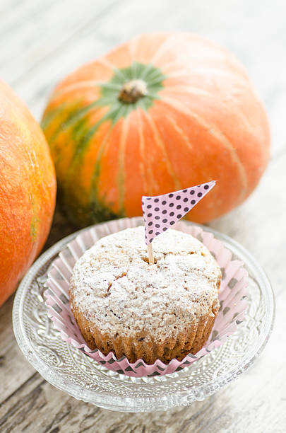 istock Cupcake on glass plate. pumpkin background 180043302