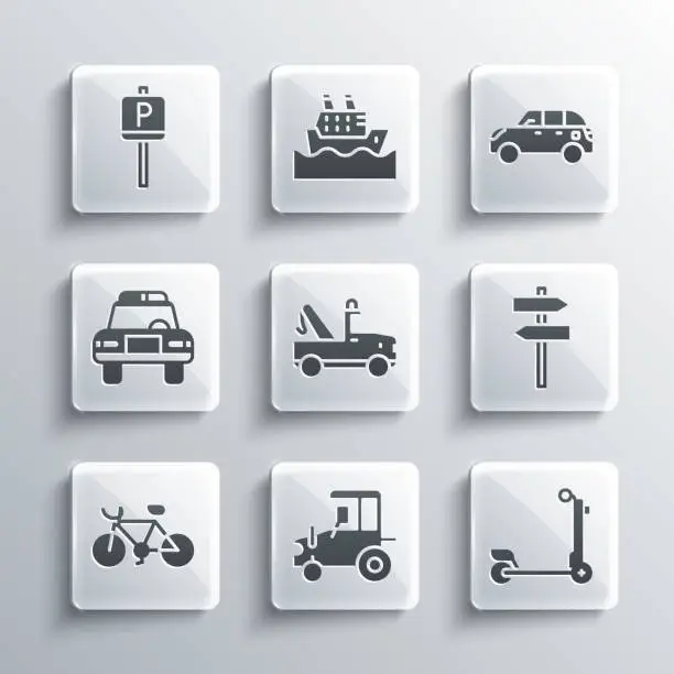 Vector illustration of Set Tractor, Scooter, Road traffic signpost, Tow truck, Bicycle, Police car and flasher, Parking and Hatchback icon. Vector