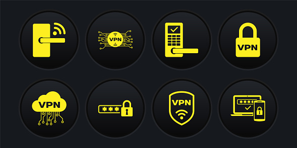 Set Cloud VPN interface, Lock, Password protection, Shield with wireless, Digital door lock and microchip circuit icon. Vector