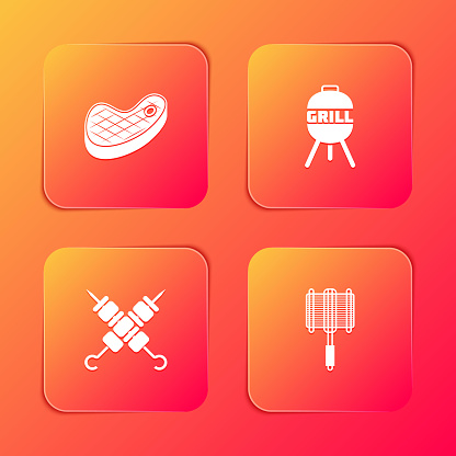 Set Steak meat, Barbecue grill, Grilled shish kebab and steel grid icon. Vector