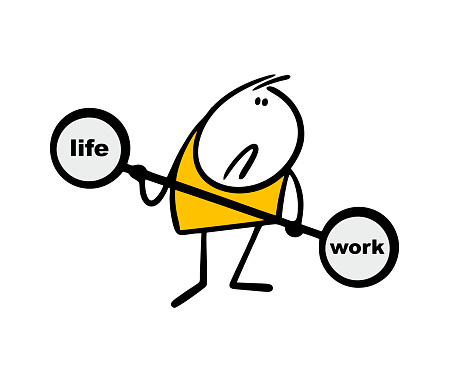 Cartoon frustrated man is holding a barbell with a load in his hands, the severity of the work outweighs life. Vector illustration of a difficult choice. Isolated doodle person on white background.