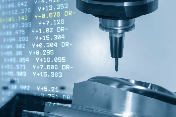 istock Abstract scene the CNC milling machine cutting the mold parts by solid ball end mill tool and G-code data background. 1800441117