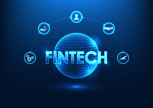 Fintech technology Fintech is inside the technology circle with finance icons. Shows financial institutions that have adopted technology. including the use of artificial intelligence
