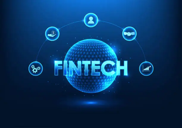 Vector illustration of Fintech technology Fintech is inside the technology circle with finance icons. Shows financial institutions that have adopted technology. including the use of artificial intelligence