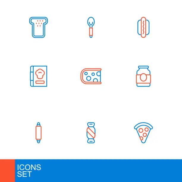 Vector illustration of Set line Slice of pizza, Candy, Rolling pin, Jam jar, Cookbook, Cheese, Hotdog and Spoon icon. Vector