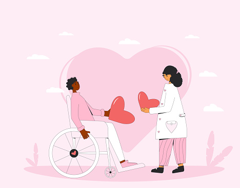 Inclusion love. Valentine's Day gift exchange. Couple giving and receiving presents. Dating. February 14 romantic couple. Vector flat illustration