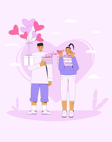 Romantic couple. Valentine's Day gift exchange. People with giftboxes in heart shape. Dating. Love or friendship concept. February 14 romantic couple. Vector flat outline illustration