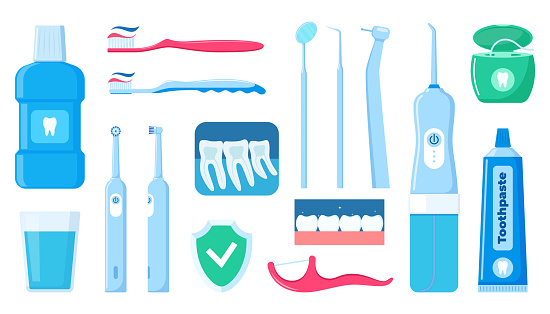 Dental cleaning tools. Oral care and hygiene products. Toothbrush, toothpaste, mouthwash, floss toothpick, dental floss, dental irrigator. Brushing teeth. Vector illustration