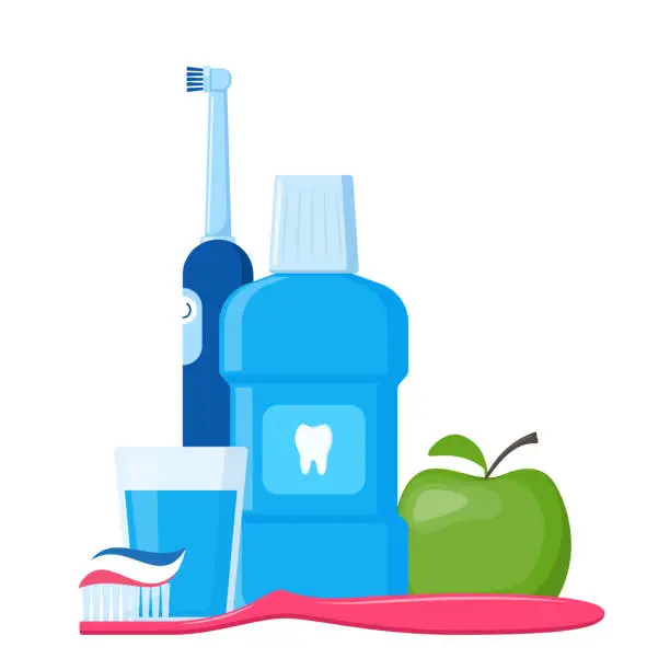 Vector illustration of Tools and means for dental hygiene. Oral care and hygiene products. Vector illustration.