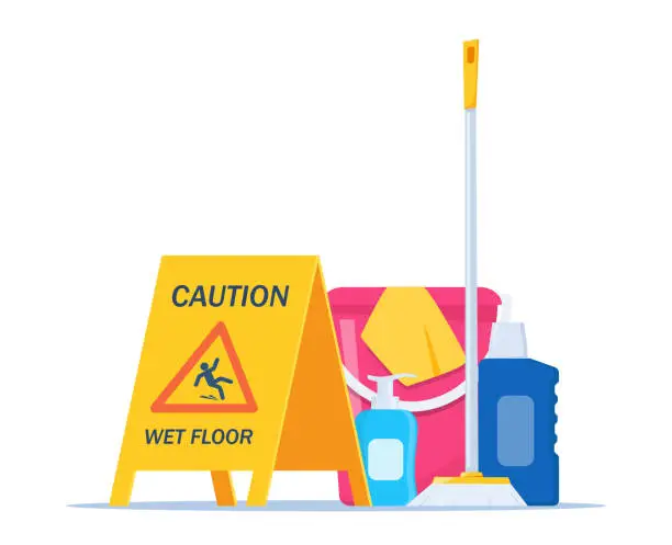 Vector illustration of Wet floor warning sign. Yellow triangle with falling man. Cleaning service supplies. Disinfectant products with bucket, mop, detergent. Vector illustration.