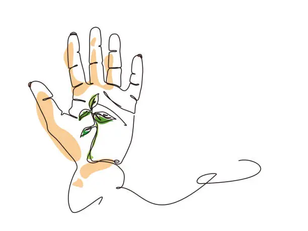 Vector illustration of sketch lifestyle A043_palm prints shows life line with plant in left hand vector illustration graphic EPS 10