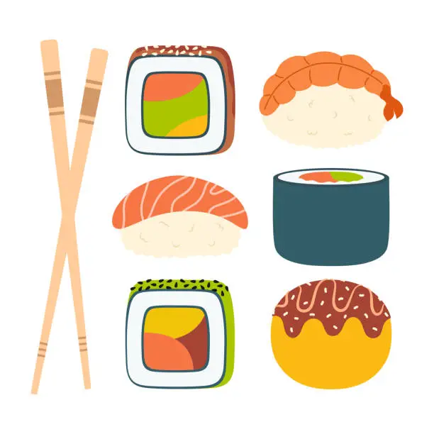 Vector illustration of flat vector illustration with asian food, sushi set