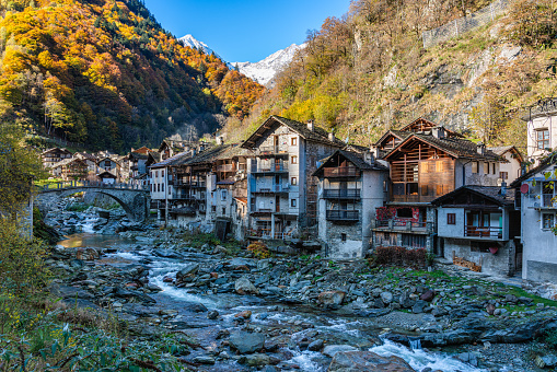 The beautiful village of Rassa, during fall season, in Valsesia (Sesia Valley). Province of Vercelli, Piedmont, Italy.