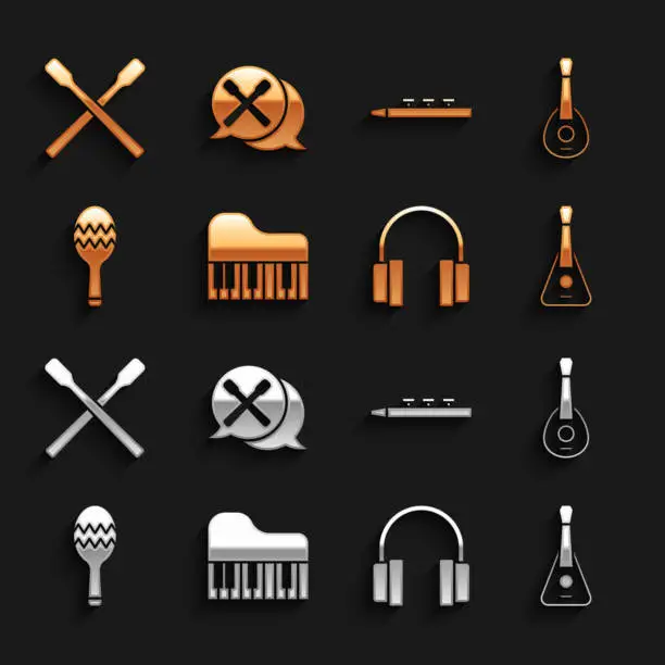 Vector illustration of Set Grand piano, Guitar, Headphones, Maracas, Drum drum sticks, and icon. Vector