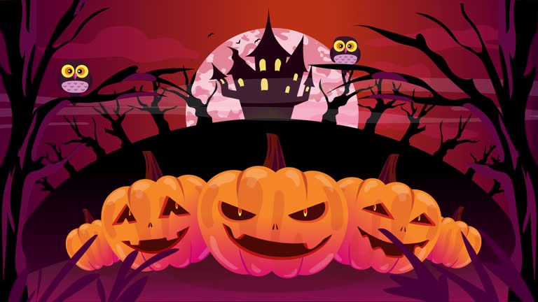 İt's  Halloween night with evil pumpkins, bats and a haunted castle in the background and a full moon. 2d Animation, Halloween 4K Resolution.