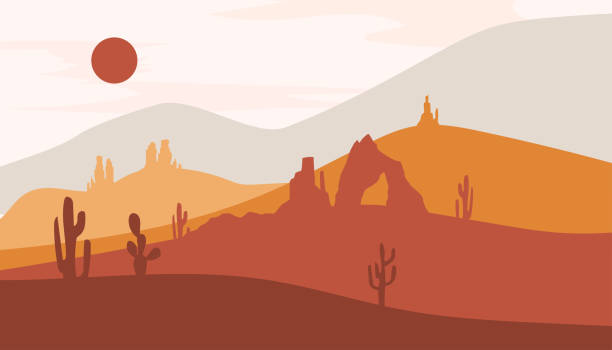 Abstract mountains desert sunset. Texas landscape. Vector illustration. Wild West