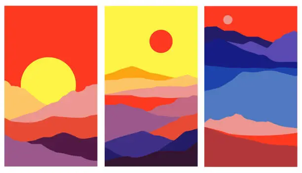 Vector illustration of Abstract Landscape mountains set. Trendy, modern template card for wall, banners, stories, posters. Simple vector illustration