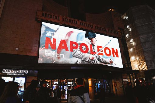 London UK - November 11th, 2023: film poster at Vue West End - formerly; Warner West End cinema. Joaquin Phoenix in Napoleon (Ridley Scott - 2023) Napoleon Movie at Vue London West End, in Leicester Square London UK.