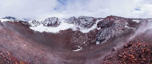 Panorama of crater on Mount Etna, Sicily island in Italy. Landscape of Silvestri craters with volcanic lava stones and smoke, active volcano slopes covered with snow in winter.