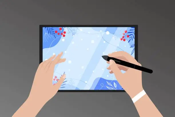 Vector illustration of Woman's hand holds a stylus and draws winter on a tablet close-up designer