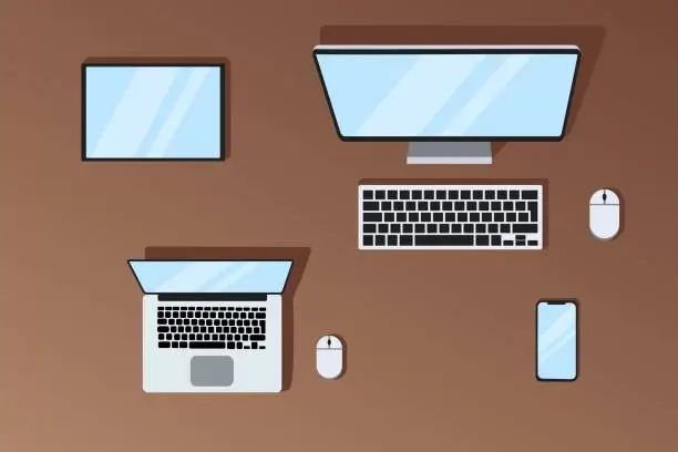 Vector illustration of Smartphone, laptop, tablet, computer with computer mouse top view