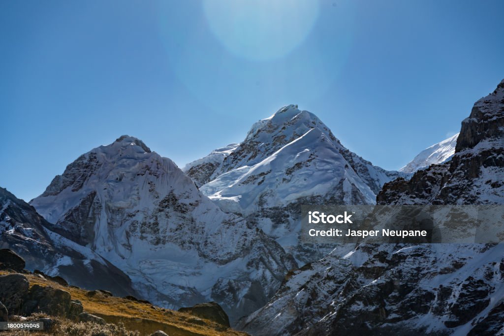 Beautiful Himalaya Views on the way to Pangpema during Kanchenjunga North Base Camp Trek in Nepal Asia Stock Photo